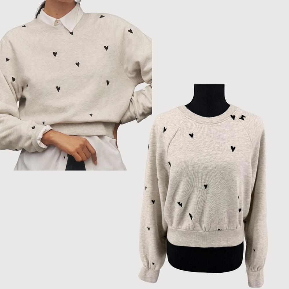 Anthropologie Cream Crewneck Sweater with Black Heart Motif